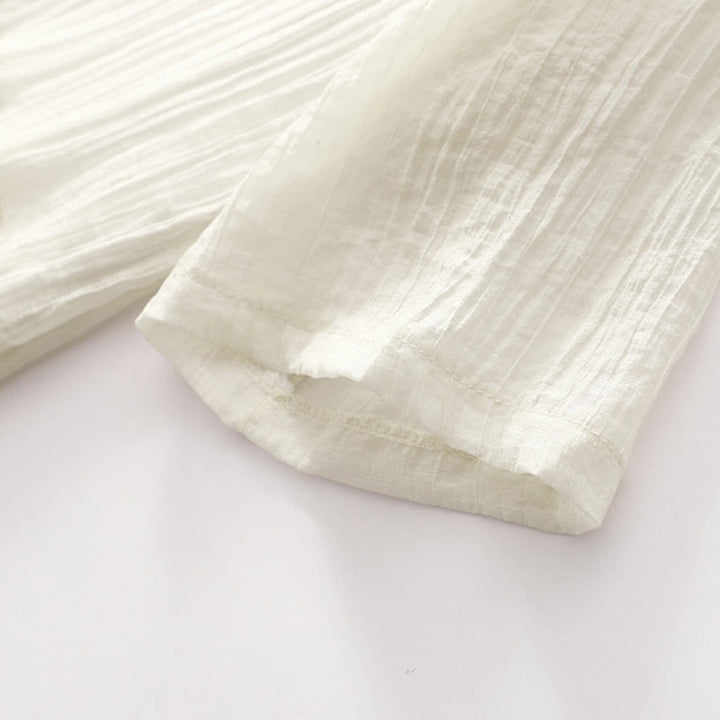 Vestido midi informal de verano con bordado liso y doble capa de algodón y lino de manga corta con Buddha Stones - image 17