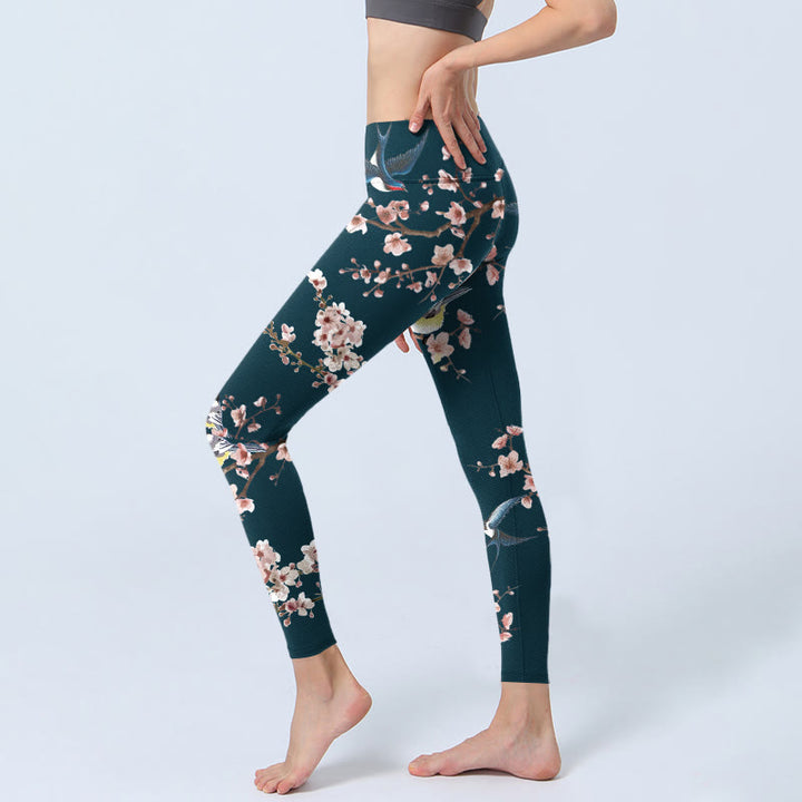 Leggings de yoga para mujer con estampado de Buddha Stones, golondrinas y flores de durazno - image 3