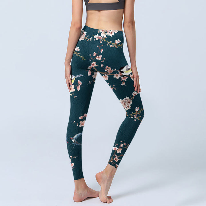Leggings de yoga para mujer con estampado de Buddha Stones, golondrinas y flores de durazno - image 4