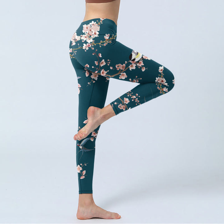 Leggings de yoga para mujer con estampado de Buddha Stones, golondrinas y flores de durazno - image 5