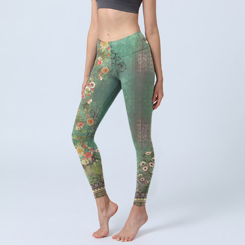 Leggings de yoga para mujer con estampado de damasco y encaje con guirnalda floral vintage de Buddha Stones - Verde mar medio - US18,UK/AU22,EU50 (4XL) - image 1