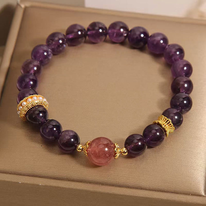 Pulsera de la paz con cuentas de cuarzo fresa de la suerte y amatista natural de Buddha Stones