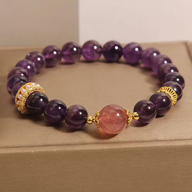 Pulsera de la paz con cuentas de cuarzo fresa de la suerte y amatista natural de Buddha Stones