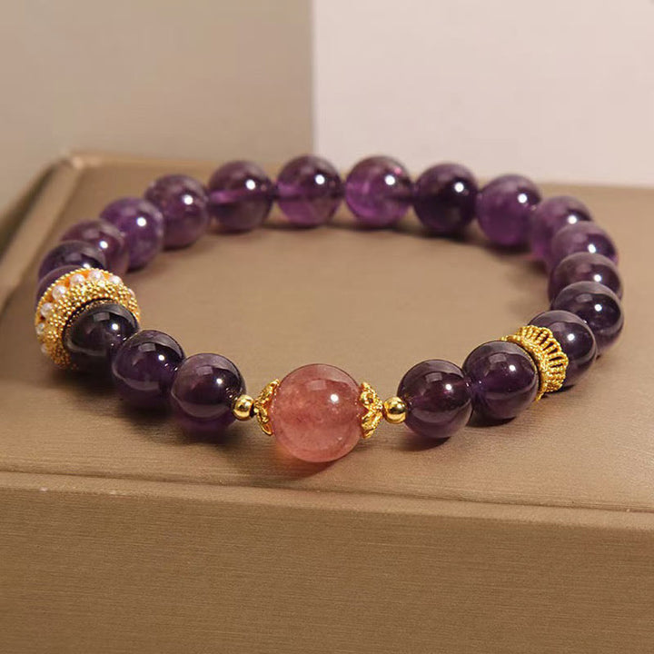 Pulsera de la paz con cuentas de cuarzo fresa de la suerte y amatista natural de Buddha Stones
