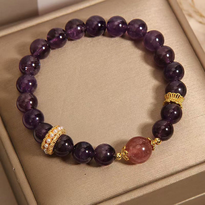 Pulsera de la paz con cuentas de cuarzo fresa de la suerte y amatista natural de Buddha Stones