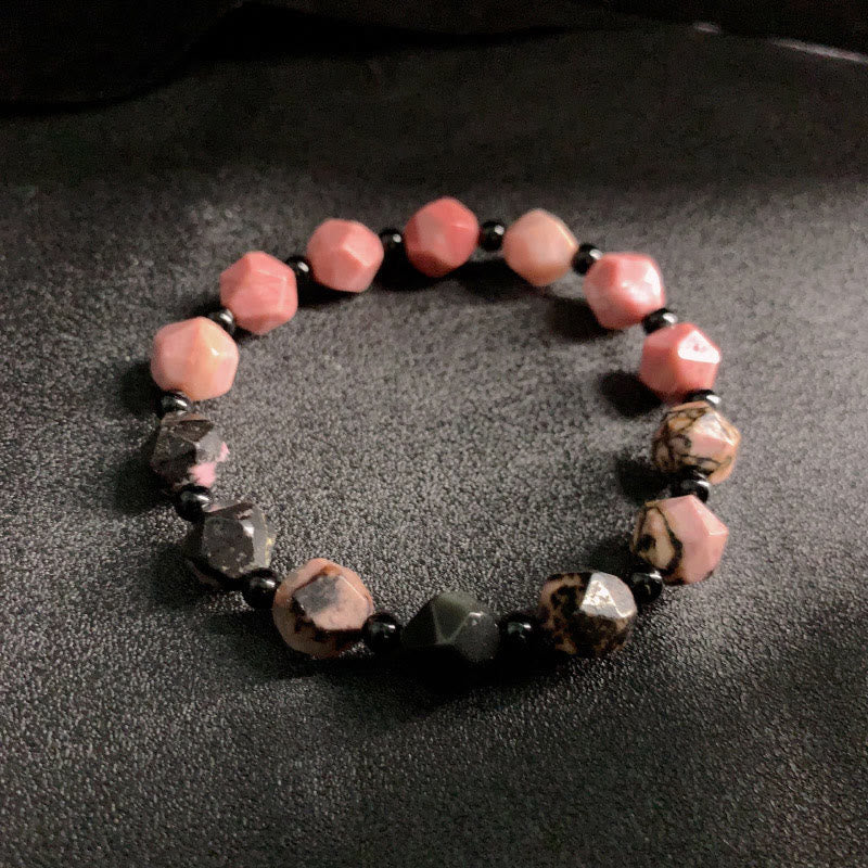 Pulsera curativa con cuentas poligonales de Buddha Stones, rodonita natural, línea negra y punto rojo