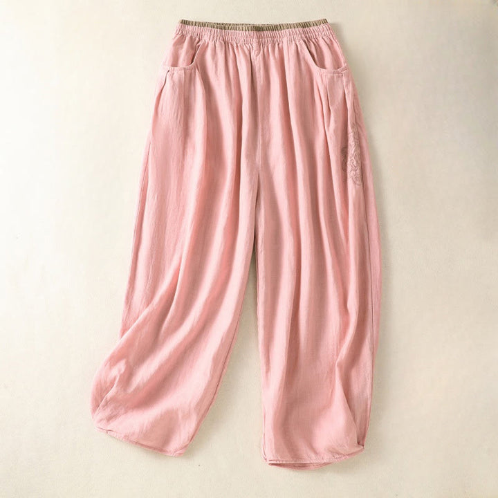 Pantalones harén de algodón y lino con bordado informal de Buddha Stones para mujer, de largo 7-8, con bolsillos - Rosa claro - US8-10,UK/AU12-14,EU40-42 (2XL) - image 16