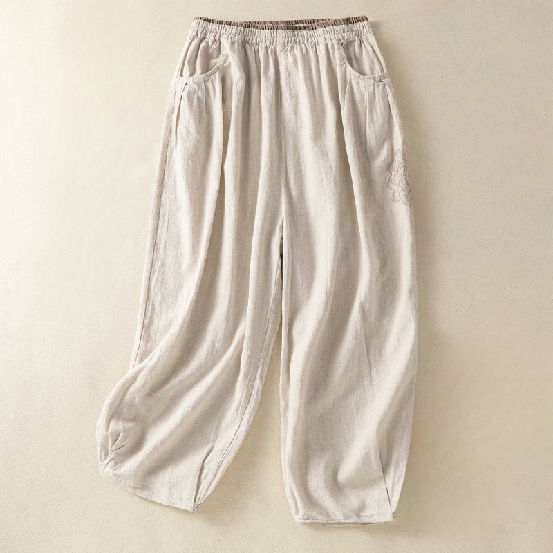 Pantalones harén de algodón y lino con bordado informal de Buddha Stones para mujer, de largo 7-8, con bolsillos - Lino - US8-10,UK/AU12-14,EU40-42 (2XL) - image 6