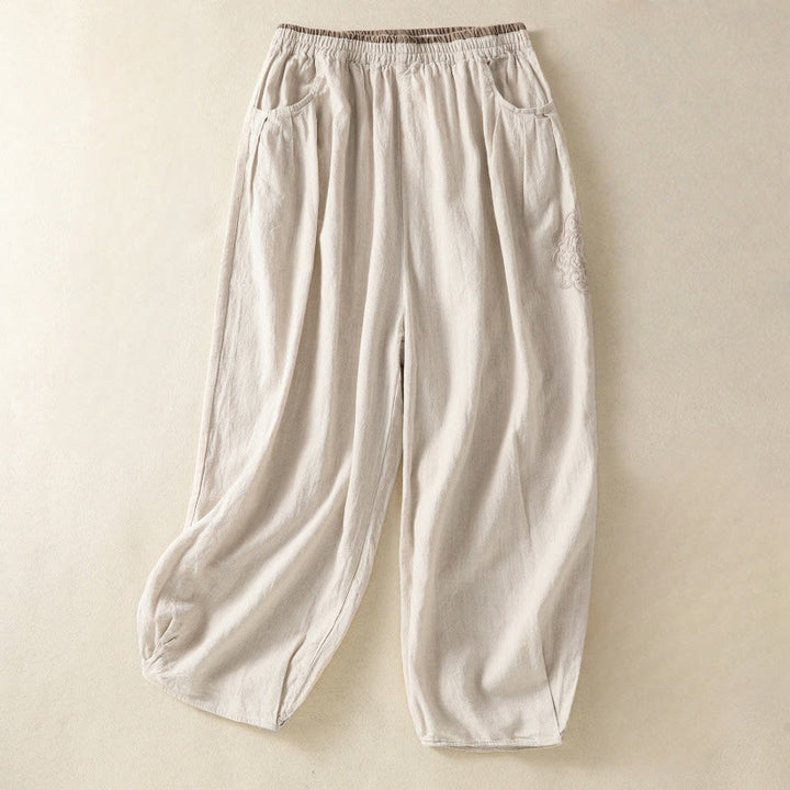 Pantalones harén de algodón y lino con bordado informal de Buddha Stones para mujer, de largo 7-8, con bolsillos - Lino - US8-10,UK/AU12-14,EU40-42 (2XL) - image 6