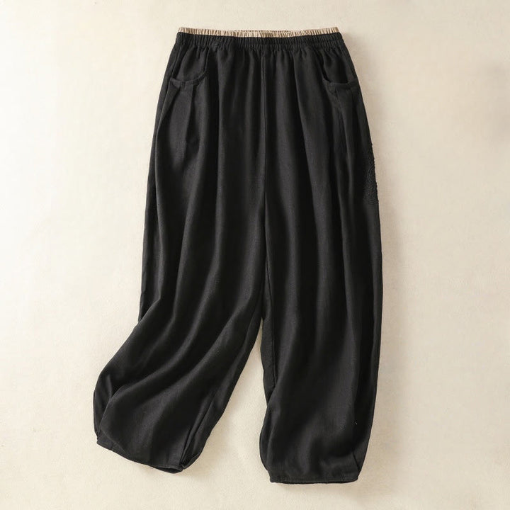 Pantalones harén de algodón y lino con bordado informal de Buddha Stones para mujer, de largo 7-8, con bolsillos - Negro - US8-10,UK/AU12-14,EU40-42 (2XL) - image 29