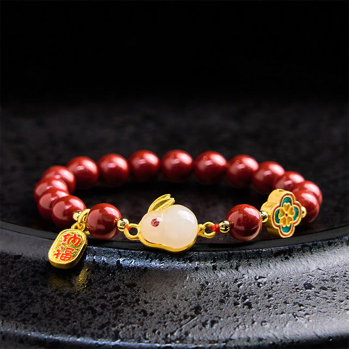 Pulsera de Buddha Stones con cinabrio y carácter de conejo Fu