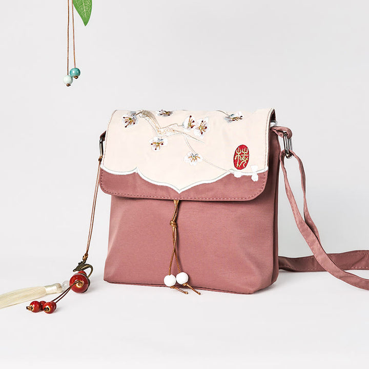 Bolso bandolera de lino y algodón con bordado de Buddha Stones , color marrón liso y ciruela.