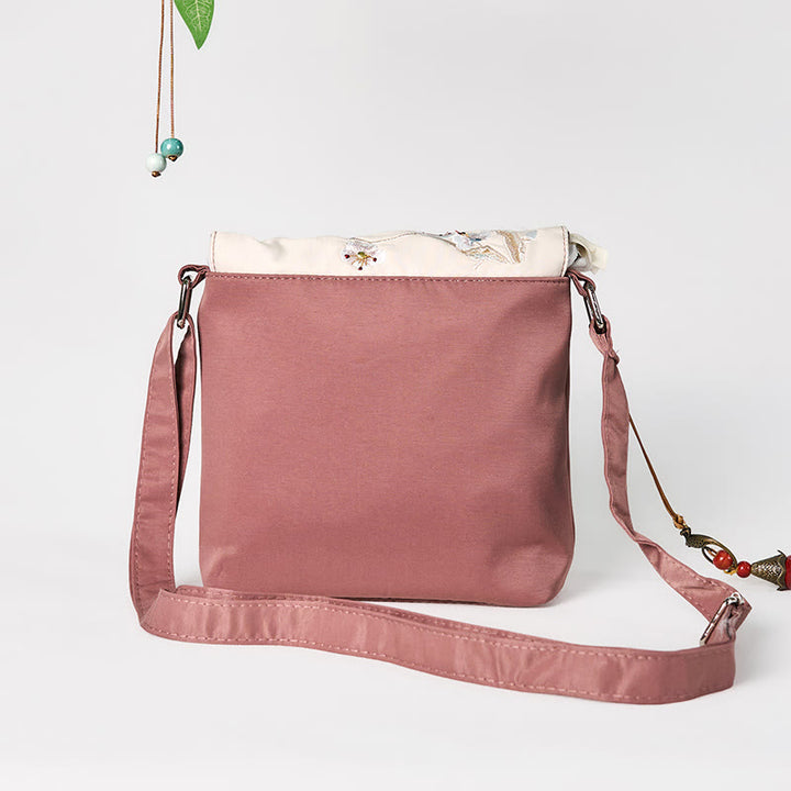 Bolso bandolera de lino y algodón con bordado de Buddha Stones , color marrón liso y ciruela.