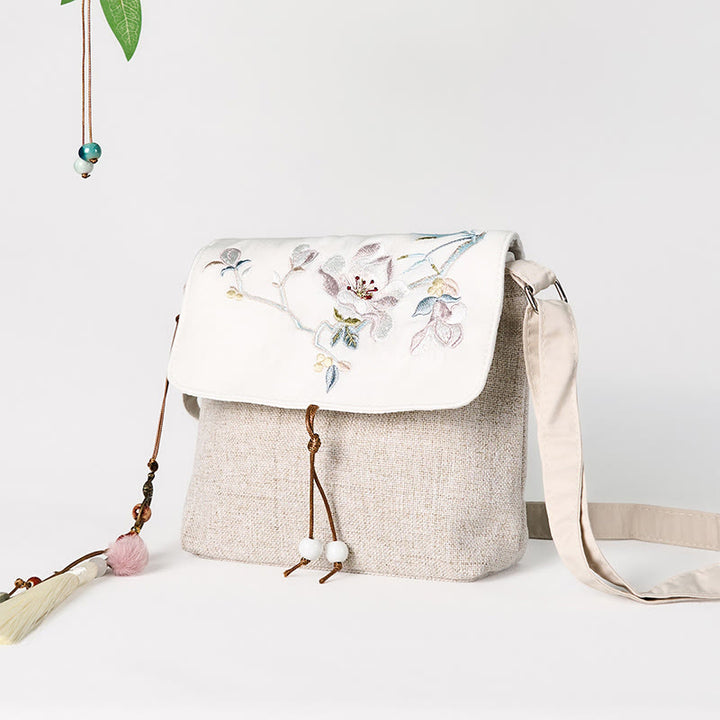 Mochila de lona de poliéster de gran capacidad con bordado de magnolia y Buddha Stones, hecha a mano