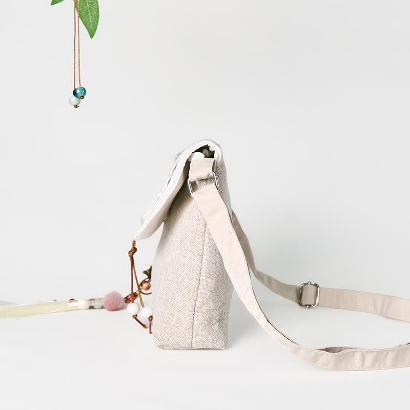 Mochila de lona de poliéster de gran capacidad con bordado de magnolia y Buddha Stones, hecha a mano