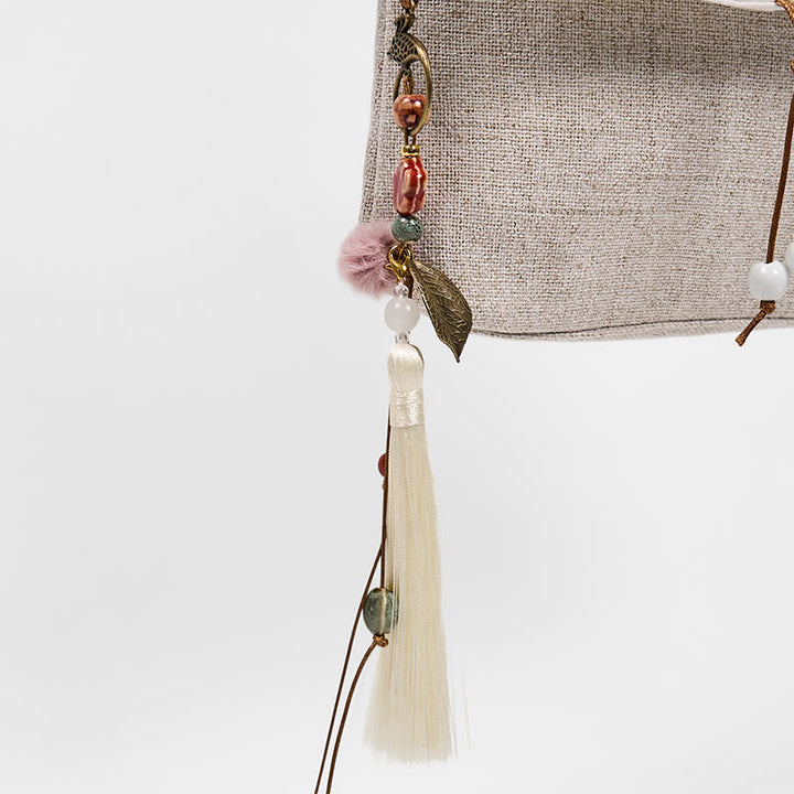 Mochila de lona de poliéster de gran capacidad con bordado de magnolia y Buddha Stones, hecha a mano