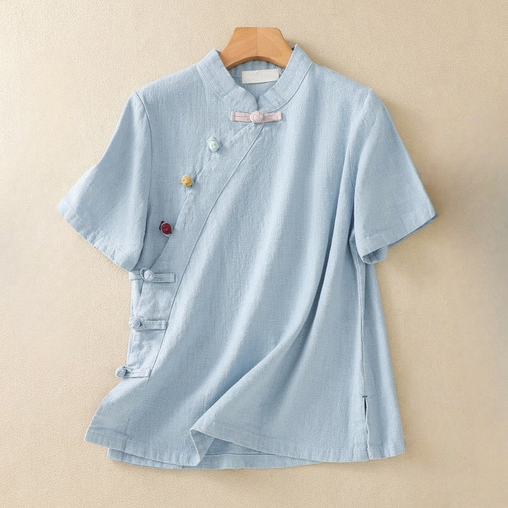 Cárdigan informal de algodón y lino con cuello alto inclinado y botones de rana para mujer, con Buddha Stones , manga tres cuartos - Azul cielo claro - US8-10,UK/AU12-14,EU40-42 (2XL) - image 15