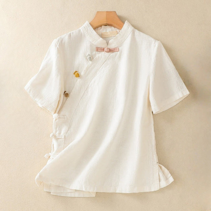 Cárdigan informal de algodón y lino con cuello alto inclinado y botones de rana para mujer, con Buddha Stones , manga tres cuartos - Beige - US8-10,UK/AU12-14,EU40-42 (2XL) - image 7
