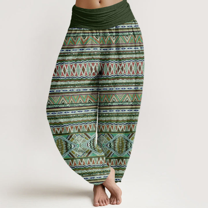 Pantalones harén con cintura elástica para mujer, estilo tribal informal con estampado geométrico y Buddha Stones - Verde oscuro - US22,UK/AU26,EU54 (6XL) - image 5