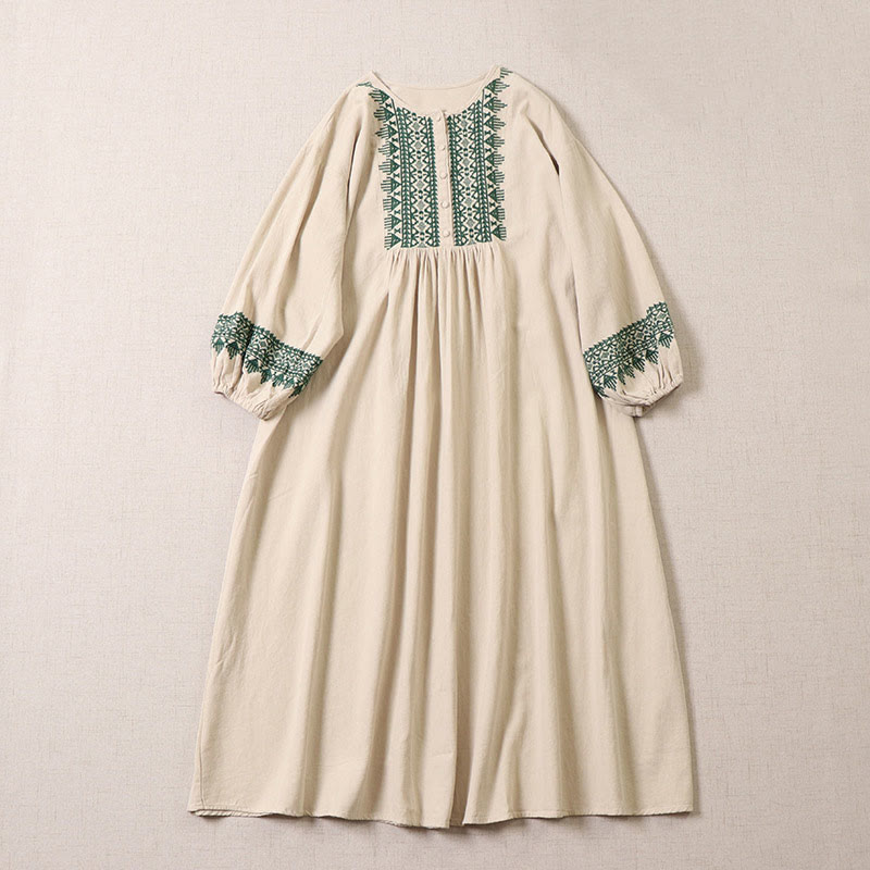 Vestido midi informal de lino y algodón con bordado geométrico artístico y botones al frente, mangas largas tipo farol, con Buddha Stones - Beige - US8-10,UK/AU12-14,EU40-42 (2XL) - image 7