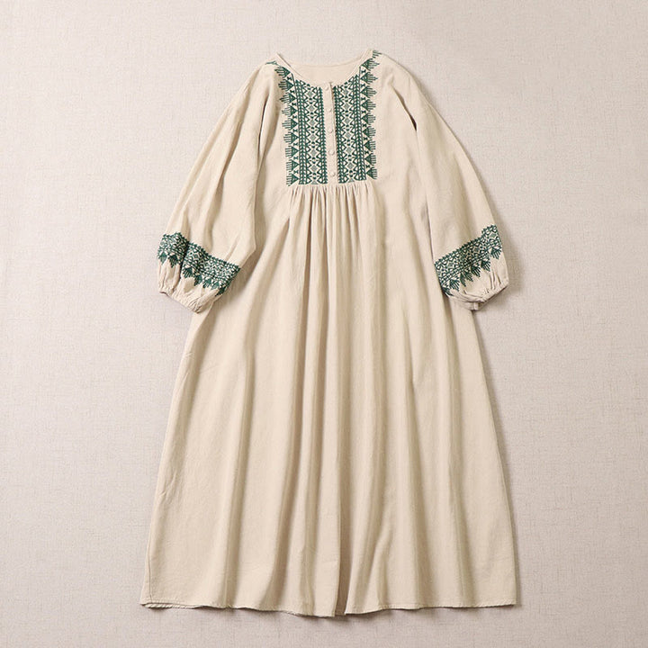 Vestido midi informal de lino y algodón con bordado geométrico artístico y botones al frente, mangas largas tipo farol, con Buddha Stones - Beige - US8-10,UK/AU12-14,EU40-42 (2XL) - image 7