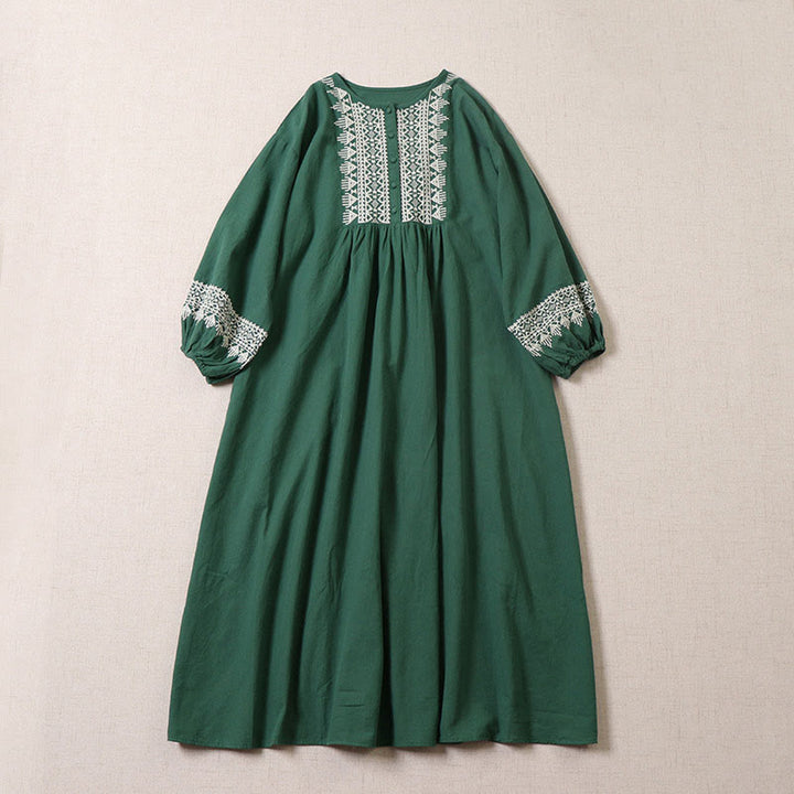 Vestido midi informal de lino y algodón con bordado geométrico artístico y botones al frente, mangas largas tipo farol, con Buddha Stones - Verdemar - US8-10,UK/AU12-14,EU40-42 (2XL) - image 0
