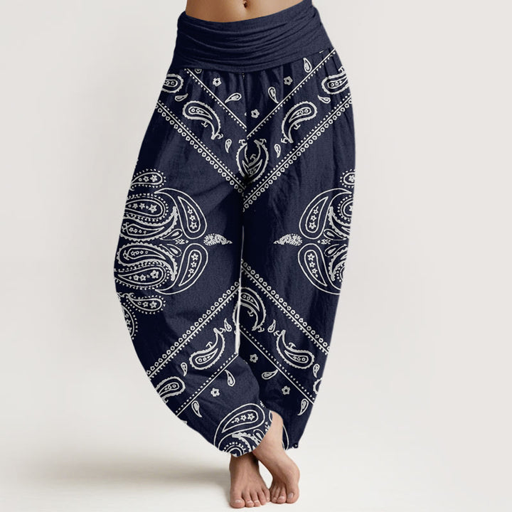 Pantalones harén con cintura elástica para mujer, con estampado floral, hojas y cachemira, estilo casual, Buddha Stones - Azul oscuro - US22,UK/AU26,EU54 (6XL) - image 8