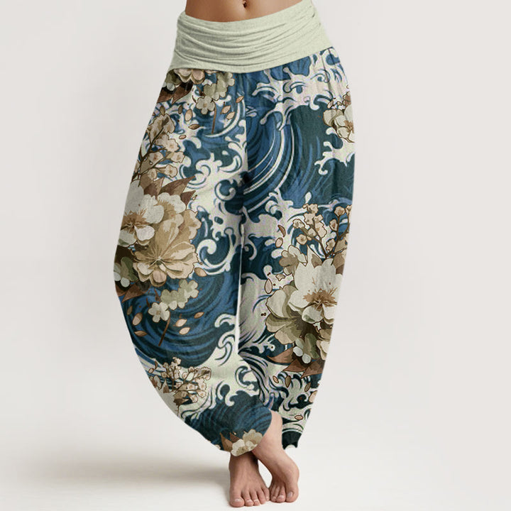 Pantalones harén con cintura elástica para mujer, con estampado floral y ondas informales de Buddha Stones - Azul acero - US22,UK/AU26,EU54 (6XL) - image 5