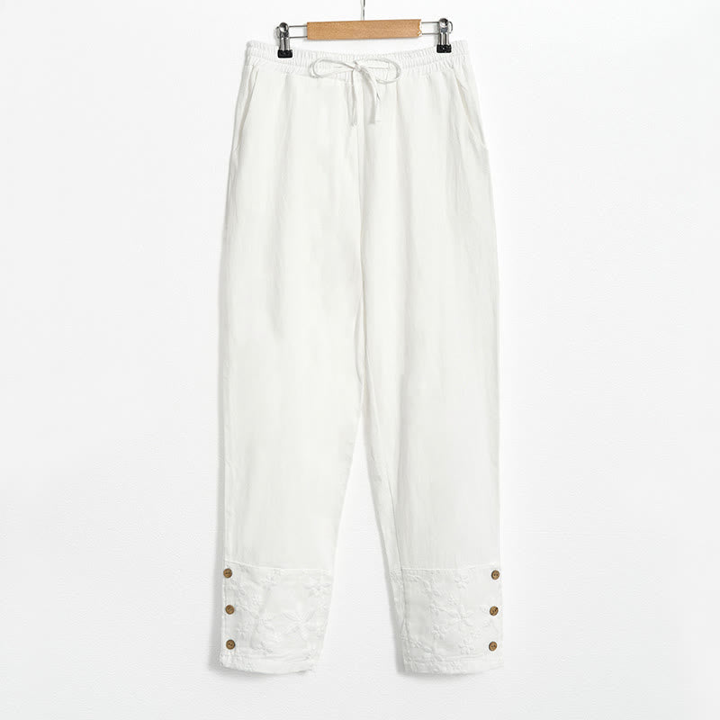 Pantalones de lino y algodón para mujer con diseño de patchwork de encaje blanco y Buddha Stones con bolsillos