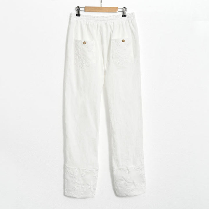 Pantalones de lino y algodón para mujer con diseño de patchwork de encaje blanco y Buddha Stones con bolsillos