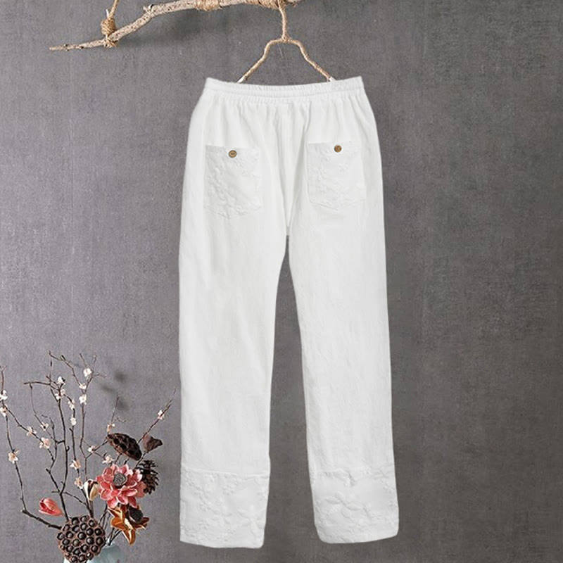 Pantalones de lino y algodón para mujer con diseño de patchwork de encaje blanco y Buddha Stones con bolsillos