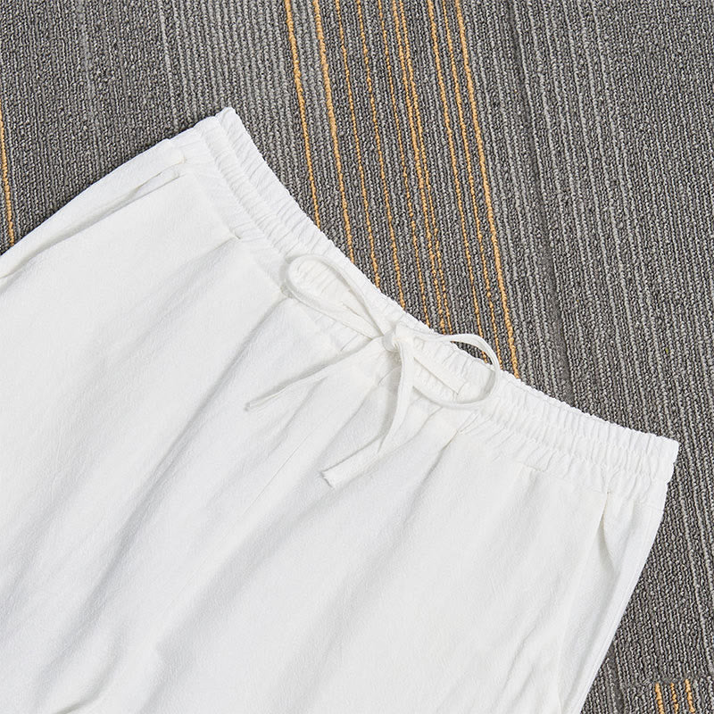 Pantalones de lino y algodón para mujer con diseño de patchwork de encaje blanco y Buddha Stones con bolsillos