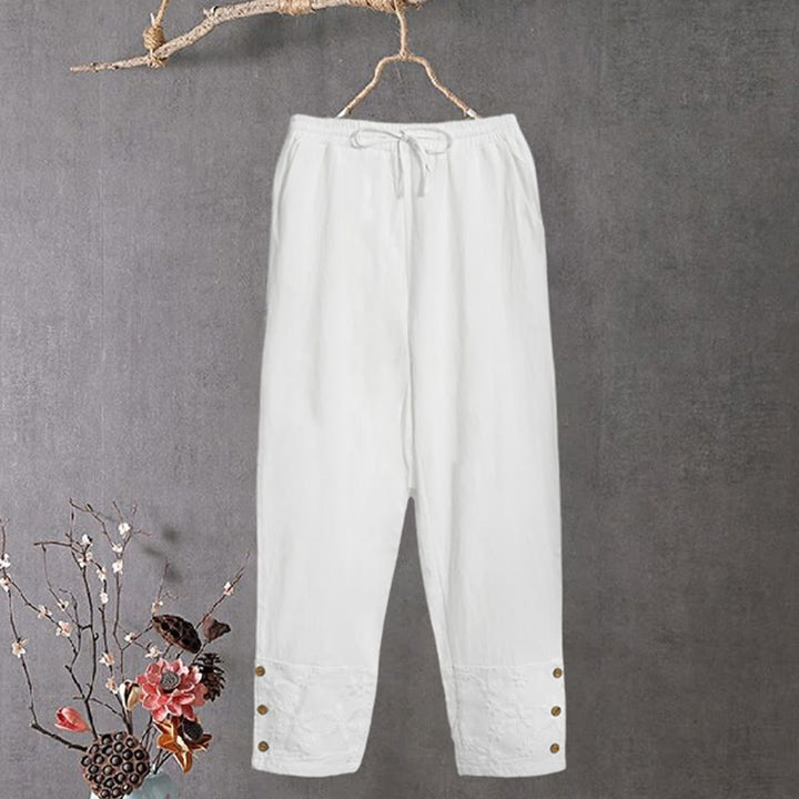 Pantalones de lino y algodón para mujer con diseño de patchwork de encaje blanco y Buddha Stones con bolsillos