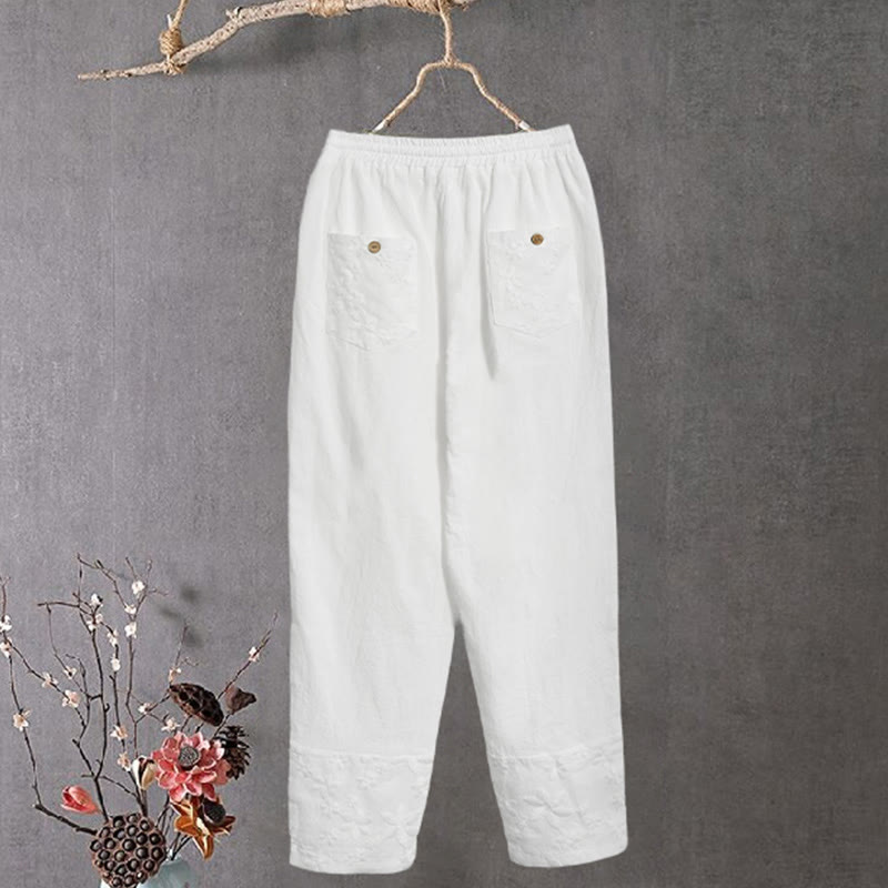 Pantalones de lino y algodón para mujer con diseño de patchwork de encaje blanco y Buddha Stones con bolsillos