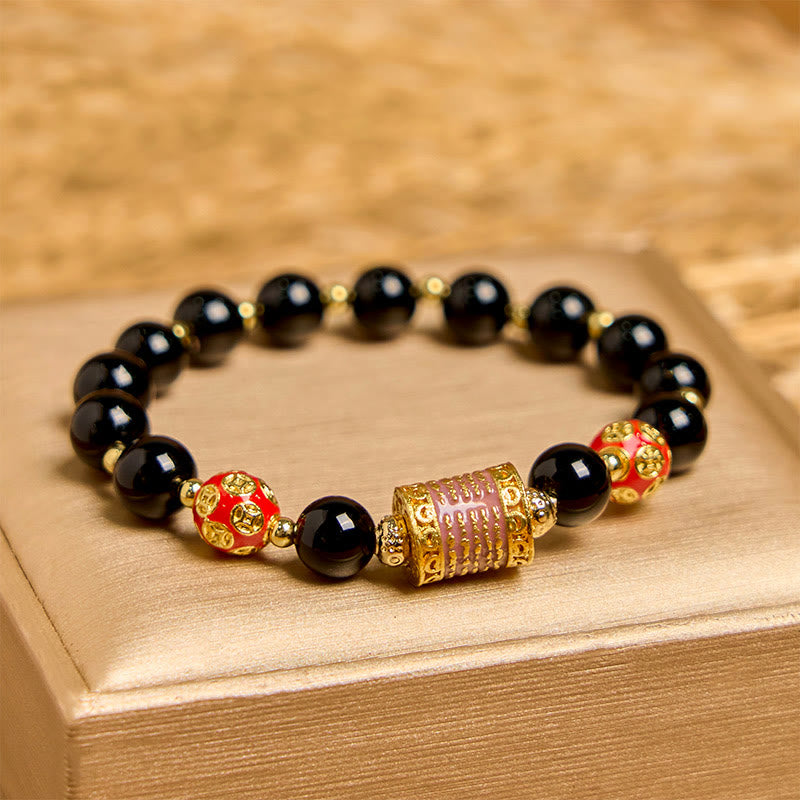 Pulsera de la fortuna con monedas de cobre y cinco escrituras de ónix negro natural de Buddha Stones