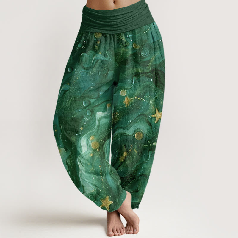 Pantalones harén con cintura elástica para mujer con estampado de estrellas doradas y oceánicas de Buddha Stones - Verde oscuro - US22,UK/AU26,EU54 (6XL) - image 8