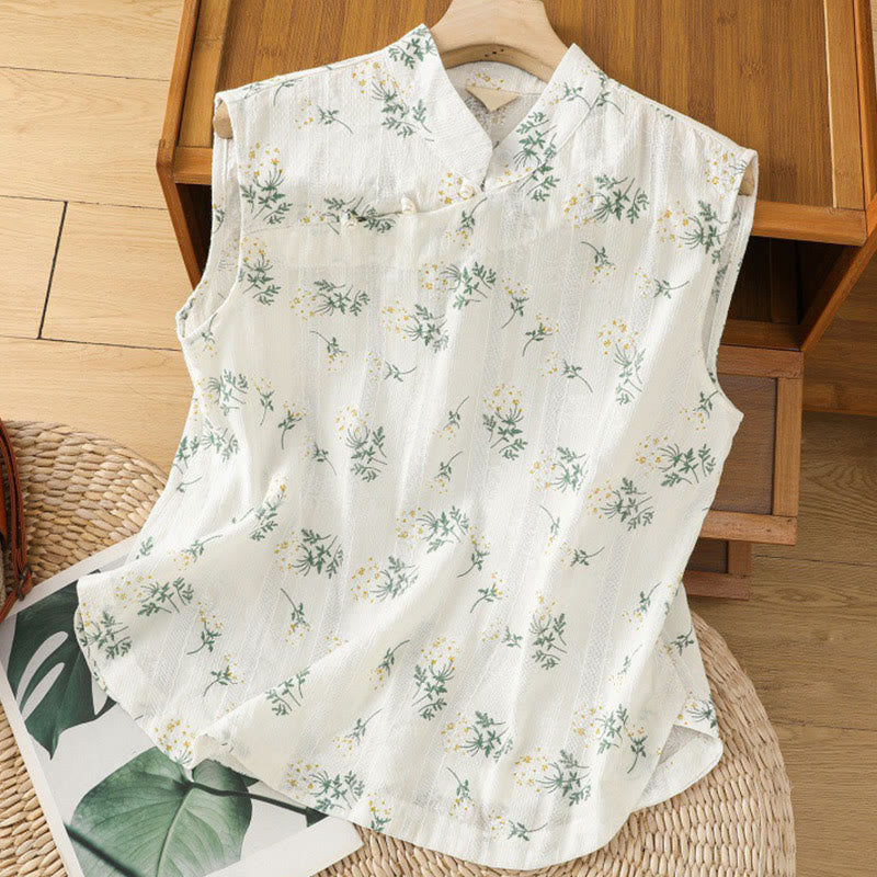 Chaleco sin mangas de algodón para mujer con estampado retro de Buddha Stones y estampado floral de plantas y botones de rana china - Blanco - US8-10,UK/AU12-14,EU40-42 (2XL) - image 0