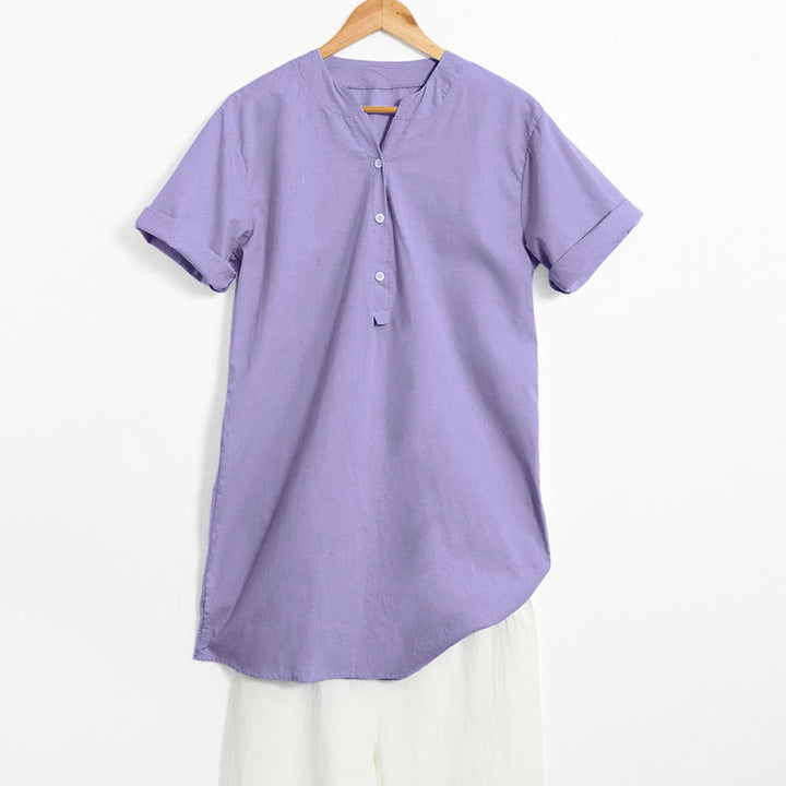 Camisa informal de manga corta con cuello entallado y botones lisos de Buddha Stones para mujer - Orquídea mediana - US20,UK/AU24,EU52 (5XL) - image 0