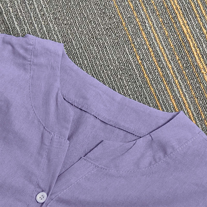 Camisa informal de manga corta con cuello entallado y botones lisos de Buddha Stones para mujer - image 3