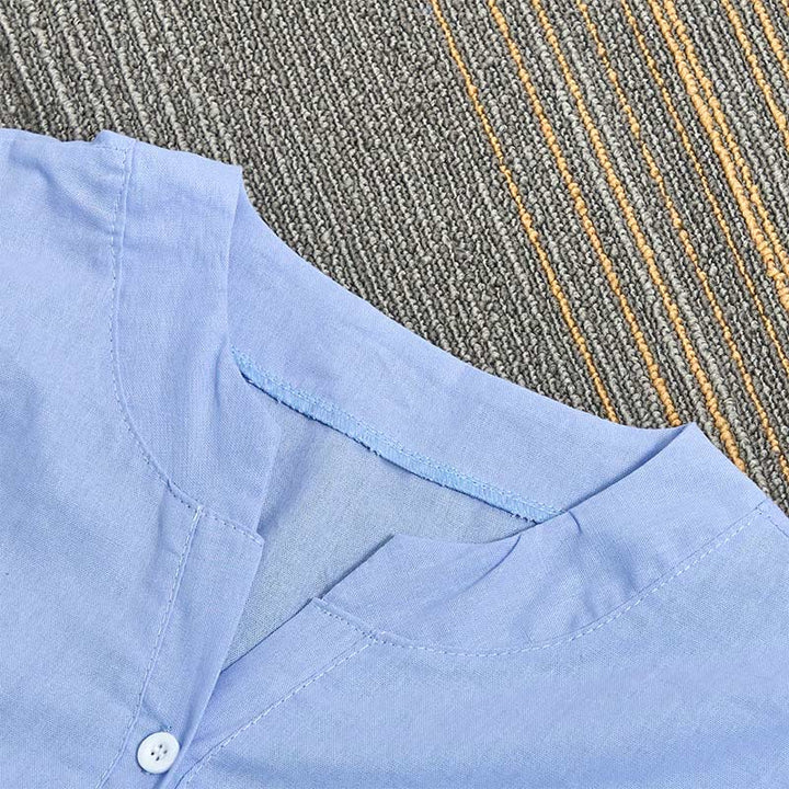 Camisa informal de manga corta con cuello entallado y botones lisos de Buddha Stones para mujer - image 8