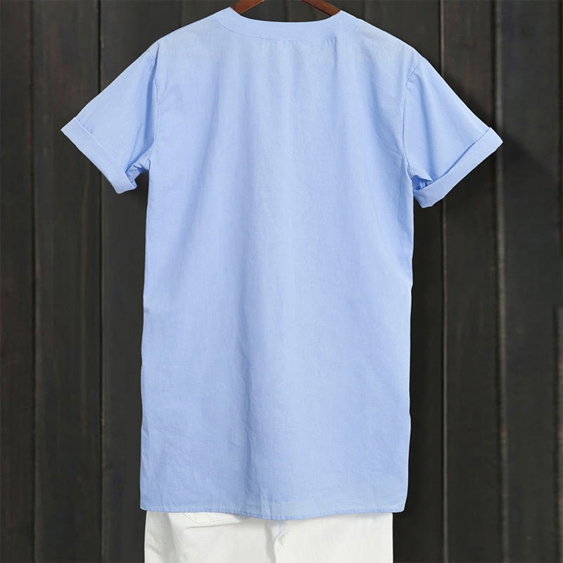 Camisa informal de manga corta con cuello entallado y botones lisos de Buddha Stones para mujer - image 6