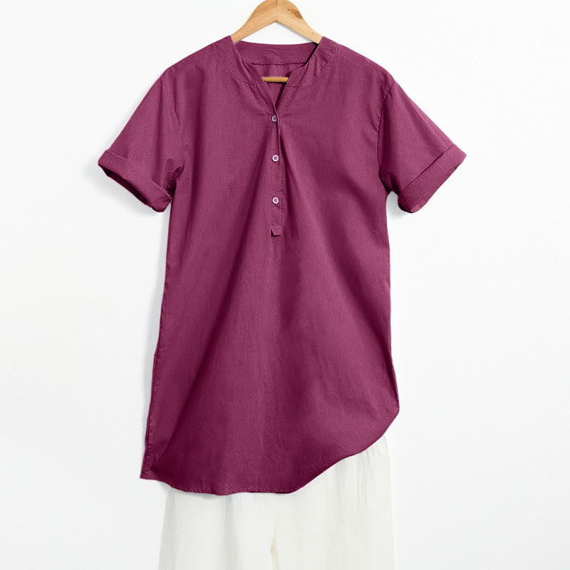 Camisa informal de manga corta con cuello entallado y botones lisos de Buddha Stones para mujer - Violeta medio rojo - US20,UK/AU24,EU52 (5XL) - image 20