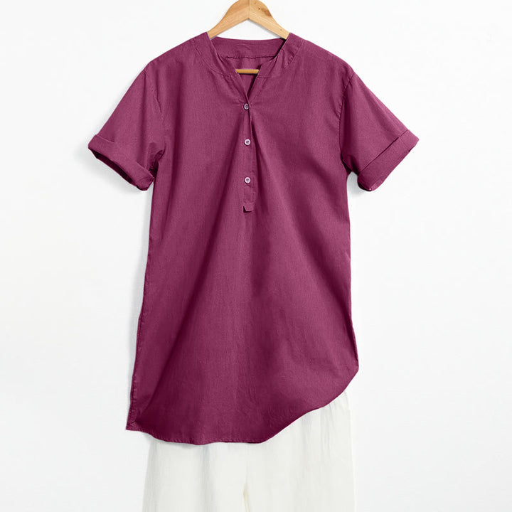 Camisa informal de manga corta con cuello entallado y botones lisos de Buddha Stones para mujer - Violeta medio rojo - US20,UK/AU24,EU52 (5XL) - image 20