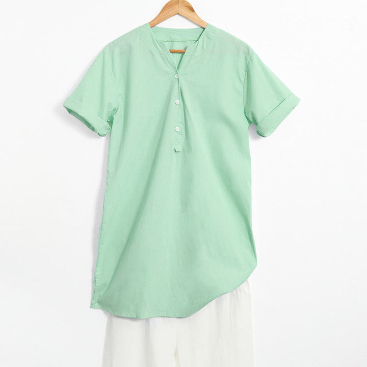 Camisa informal de manga corta con cuello entallado y botones lisos de Buddha Stones para mujer - Verde pálido - US20,UK/AU24,EU52 (5XL) - image 25