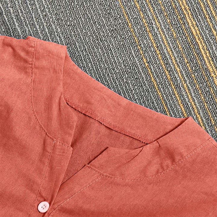 Camisa informal de manga corta con cuello entallado y botones lisos de Buddha Stones para mujer - image 48