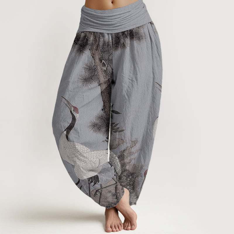 Pantalones harén de algodón puro con diseño de grulla de corona roja y pino para mujer, cintura elástica, estilo casual, Buddha Stones - Azul acero claro - US22,UK/AU26,EU54 (6XL) - image 8