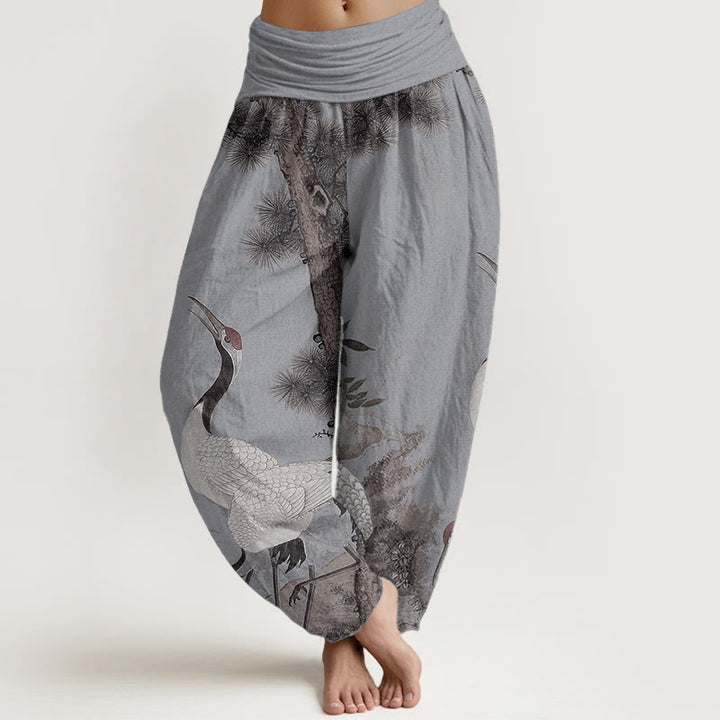 Pantalones harén de algodón puro con diseño de grulla de corona roja y pino para mujer, cintura elástica, estilo casual, Buddha Stones - Azul acero claro - US22,UK/AU26,EU54 (6XL) - image 8