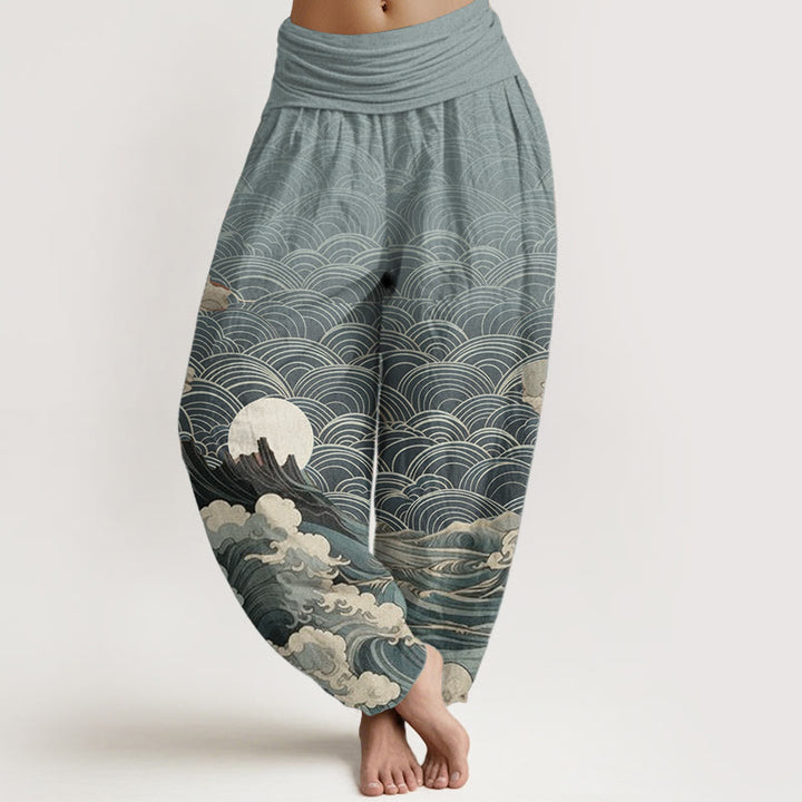 Pantalones Buddha Stones de algodón puro con estampado de ondas, luna y montaña para mujer, cintura elástica - Celeste - US22,UK/AU26,EU54 (6XL) - image 5