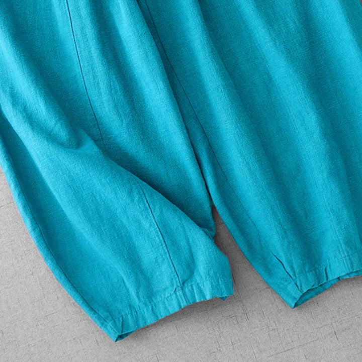 Pantalones harén de lino y algodón para mujer, informales, lisos, de largo 7-8, con bolsillos y estampado Buddha Stones