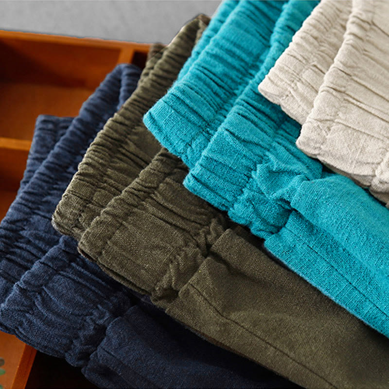 Pantalones harén de lino y algodón para mujer, informales, lisos, de largo 7-8, con bolsillos y estampado Buddha Stones